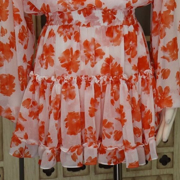 Misa Los Angeles Lorena Orange & White Floral Ruffle Mini Dress size M - Picture 6 of 15